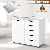 Mobiletto con 5 Cassetti e Anta, Cassettiera per Documenti con 5 Ruote e Ripiano Regolabile, per Soggiorno, Ufficio e Cucina, 79 x 40 x 65 cm (Bianco)