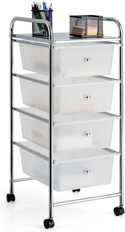 Carrello Portaoggetti con 4 Cassetti, Cassettiera Rimovibili in Plastica, Carrello di Stoccaggio con Ruote per Casa Bagno e Ufficio, 37x32x76 cm (Trasparente)