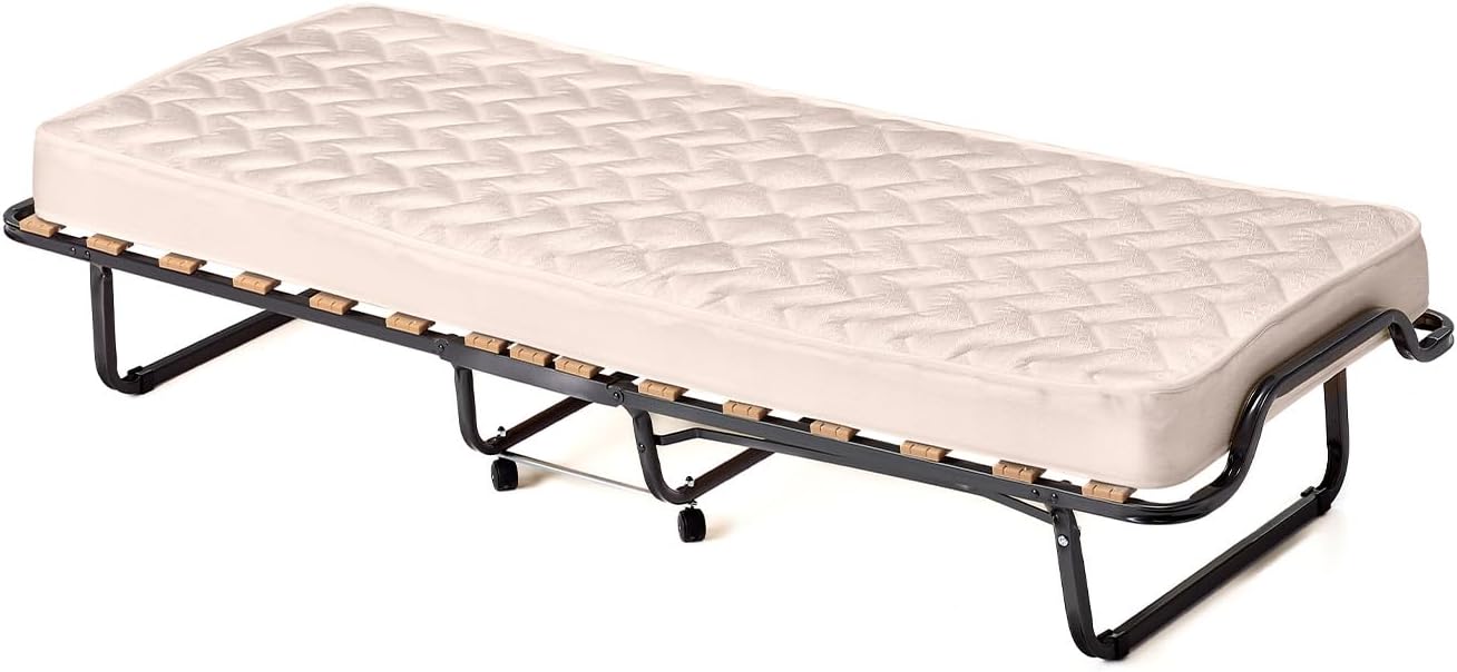 Letto Brandina Pieghevole, con Materasso in Memory Foam, Struttura Resistente e 4 Ruote Girevoli, Lettino Pieghevole per Casa Ufficio, 200 x 80 x 40cm (Stile 2 Beige)