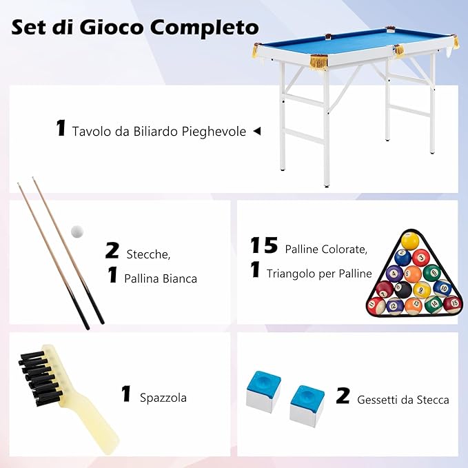 Tavolo da Biliardo Pieghevole, Mini Tavolo da Gioco Biliardo con Set di Accessori Stecche Palline Gessetti e Spazzola, Piedi Regolabili, per Sala Giochi bar Palestra, 122x64x78 cm