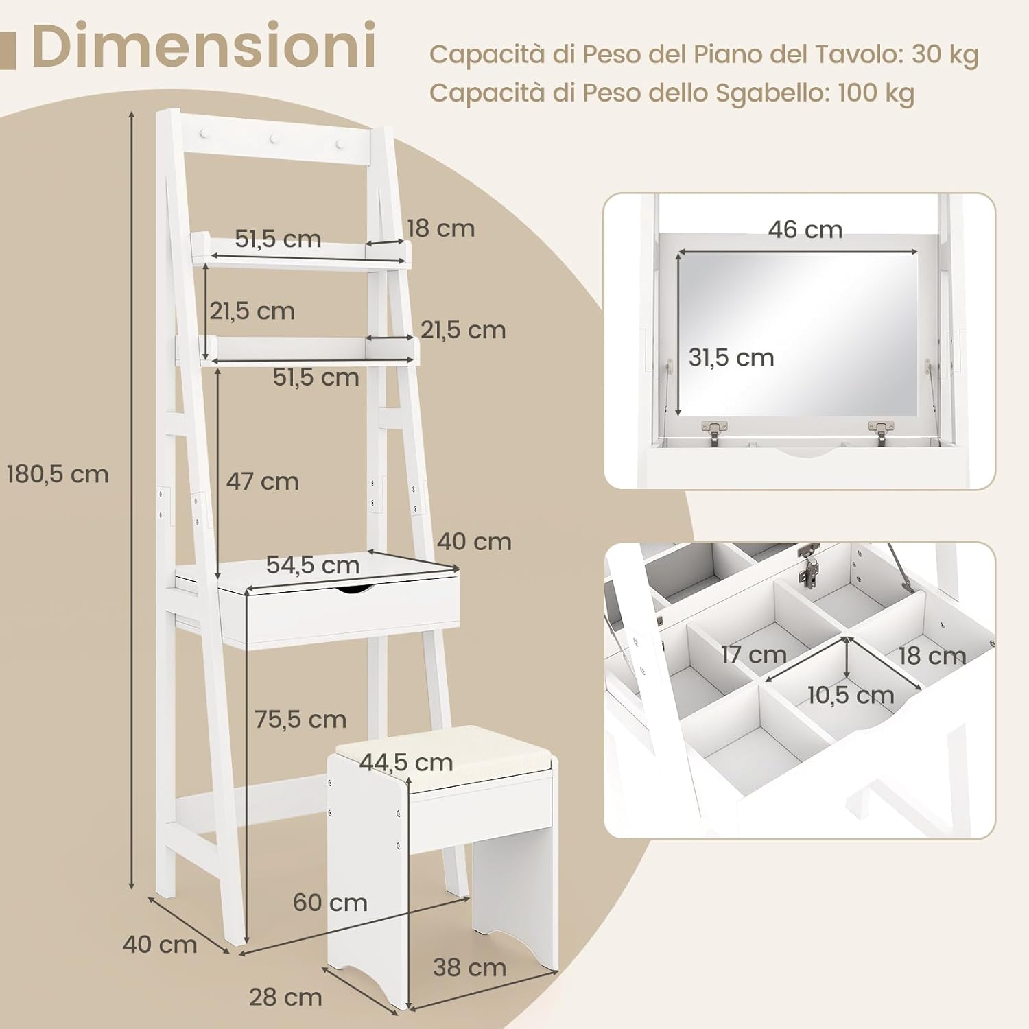 Toeletta Trucco con Specchio Occultabile, Set Tavolo e Sgabello da Trucco con 2 Ripiani, Tavolo da Trucco con Specchio Ribaltabile, Ganci, Ripiani e Sgabello Imbottito (Bianco)