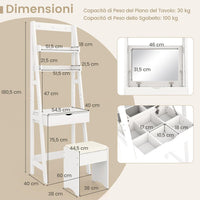 Toeletta Trucco con Specchio Occultabile, Set Tavolo e Sgabello da Trucco con 2 Ripiani, Tavolo da Trucco con Specchio Ribaltabile, Ganci, Ripiani e Sgabello Imbottito (Bianco)