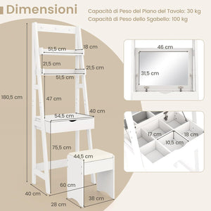 Toeletta Trucco con Specchio Occultabile, Set Tavolo e Sgabello da Trucco con 2 Ripiani, Tavolo da Trucco con Specchio Ribaltabile, Ganci, Ripiani e Sgabello Imbottito (Bianco)