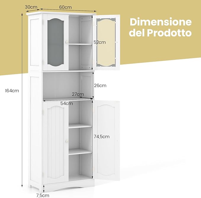 Armadietto Salvaspazio 60 x 30 x 164cm, Mobile Bagno con Scomparti Aperti, Ripiani Regolabili e 2 Porte in Vetro Temprato, Armadio da Bagno per Ufficio, Soggiorno e Camera da Letto (Bianco)