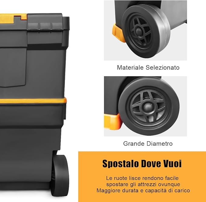 Trolley per Attrezzi 3 in 1, Portautensili a 3 Parti in PP con Ruote e Maniglia, Soluzione Portatile per Attrezzi da Officina e Garage, 46 x 28 x 66,5 cm, Nero e Giallo