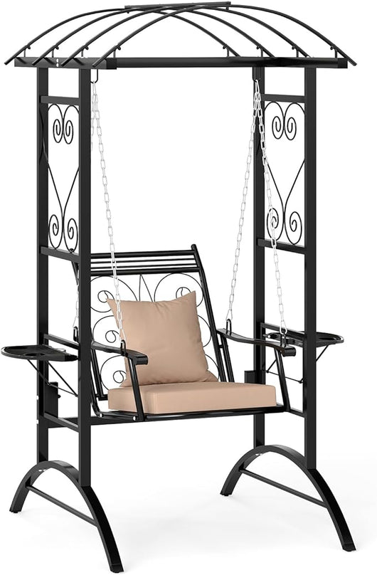 Sedia Sospesa da Esterno, Sedia a Dondolo Singola con Cuscini Removibili e Tavolini Laterali, Portata 160 kg, Altalena con Supporto e 2 Grigliati per Adulti per Giardino, Balcone e Cortile