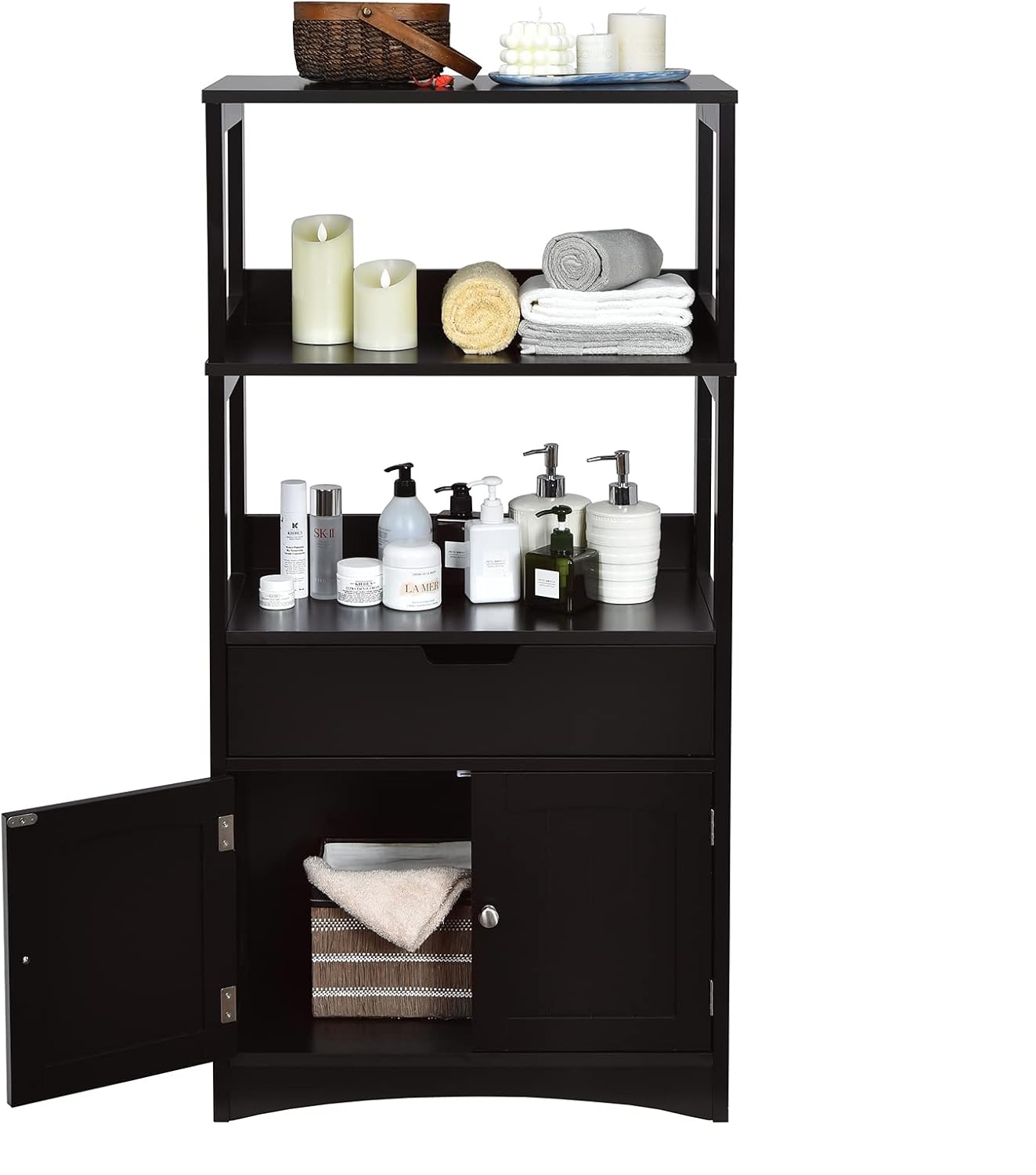 Armadietto del bagno con cassetto e mensola, armadio con 2 mensole aperte e 2 ante, armadietto per cucina, ingresso, salone e camera da letto, armadietto in legno (nero)