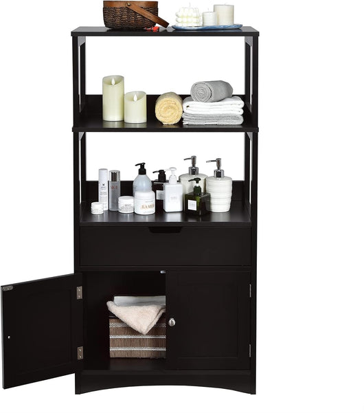 Armadietto del bagno con cassetto e mensola, armadio con 2 mensole aperte e 2 ante, armadietto per cucina, ingresso, salone e camera da letto, armadietto in legno (nero)