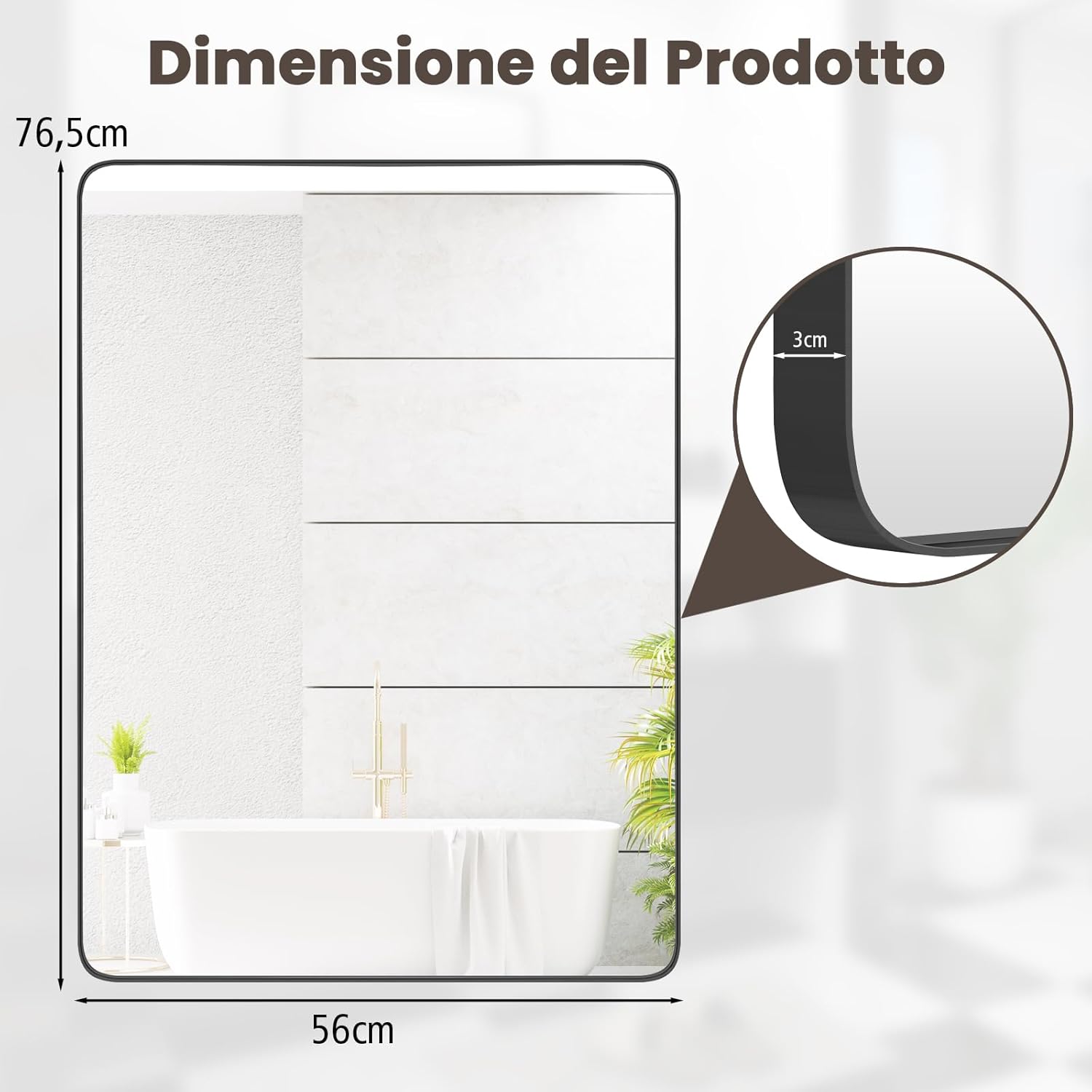 Specchio da Parete 76,5 x 56 cm, Specchio da Bagno Rettangolare con Pellicola Antigraffio, Cornice in Metallo Antiruggine, Ideale per Bagno Soggiorno Ingresso