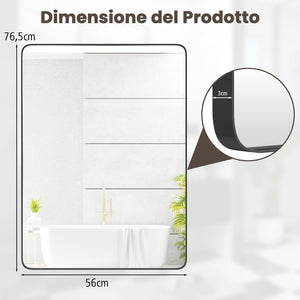 Specchio da Parete 76,5 x 56 cm, Specchio da Bagno Rettangolare con Pellicola Antigraffio, Cornice in Metallo Antiruggine, Ideale per Bagno Soggiorno Ingresso