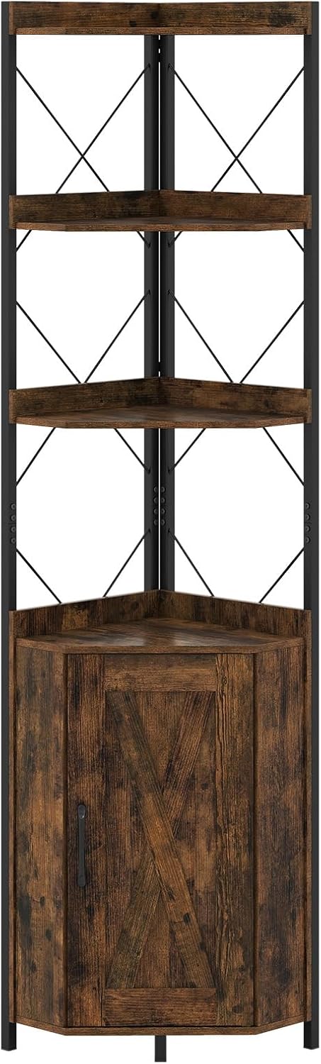 Scaffale Angolare a 6 Livelli con Armadietto, Ripiano ad Angolo Alto da 180 cm con Ripiano Regolabile in 5 Posizioni e Porta, Marrone, 48x32x180cm