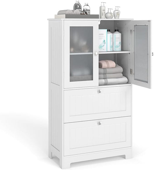 Armadio da Bagno a Terra, Armadietto Autoportante con 2 Cassetti e 2 Ante in Vetro Opaco e Ripiano Regolabile, Mobile Salvaspazio per Bagno, Cucina e Salotto (Bianco, 60x30x108cm)