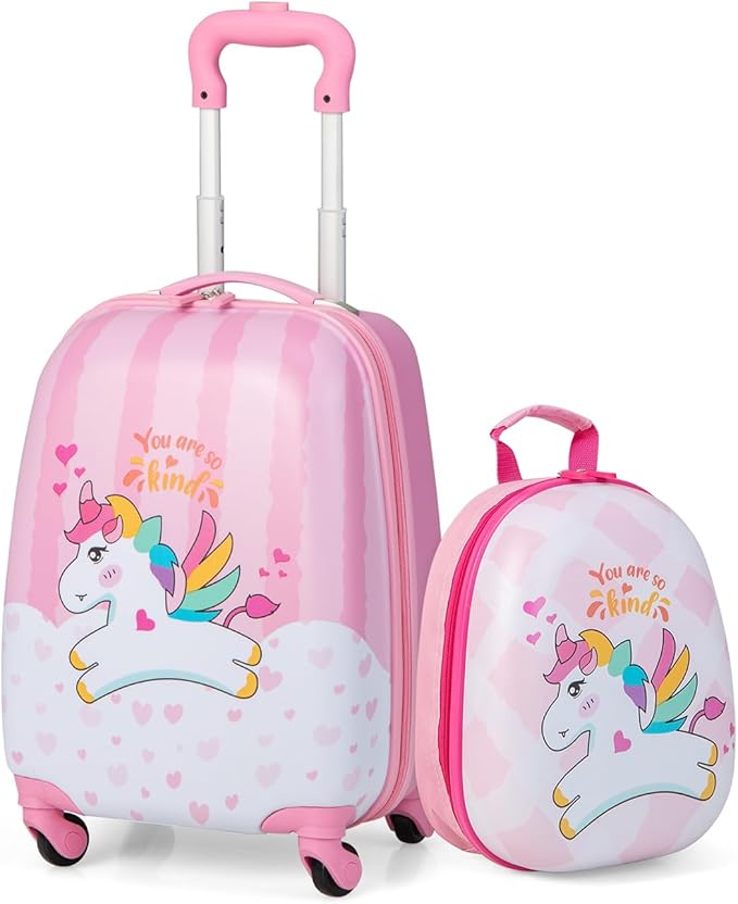 Set di Valigia per Bambini, 16" Valigia+ 12" Zaino, 2 Pezzi, con Ruote Girevoli a 360° e Maniglia Retrattile, Ideale per Viaggiare in Modo Comodo e Divertente (Modello 2)