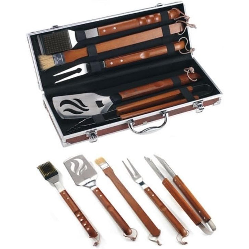 SET ATTREZZI UTENSILI PER BARBECUE 5PZ ACCIAIO INOX MANICO IN LEGNO OMPAGRILL 05430