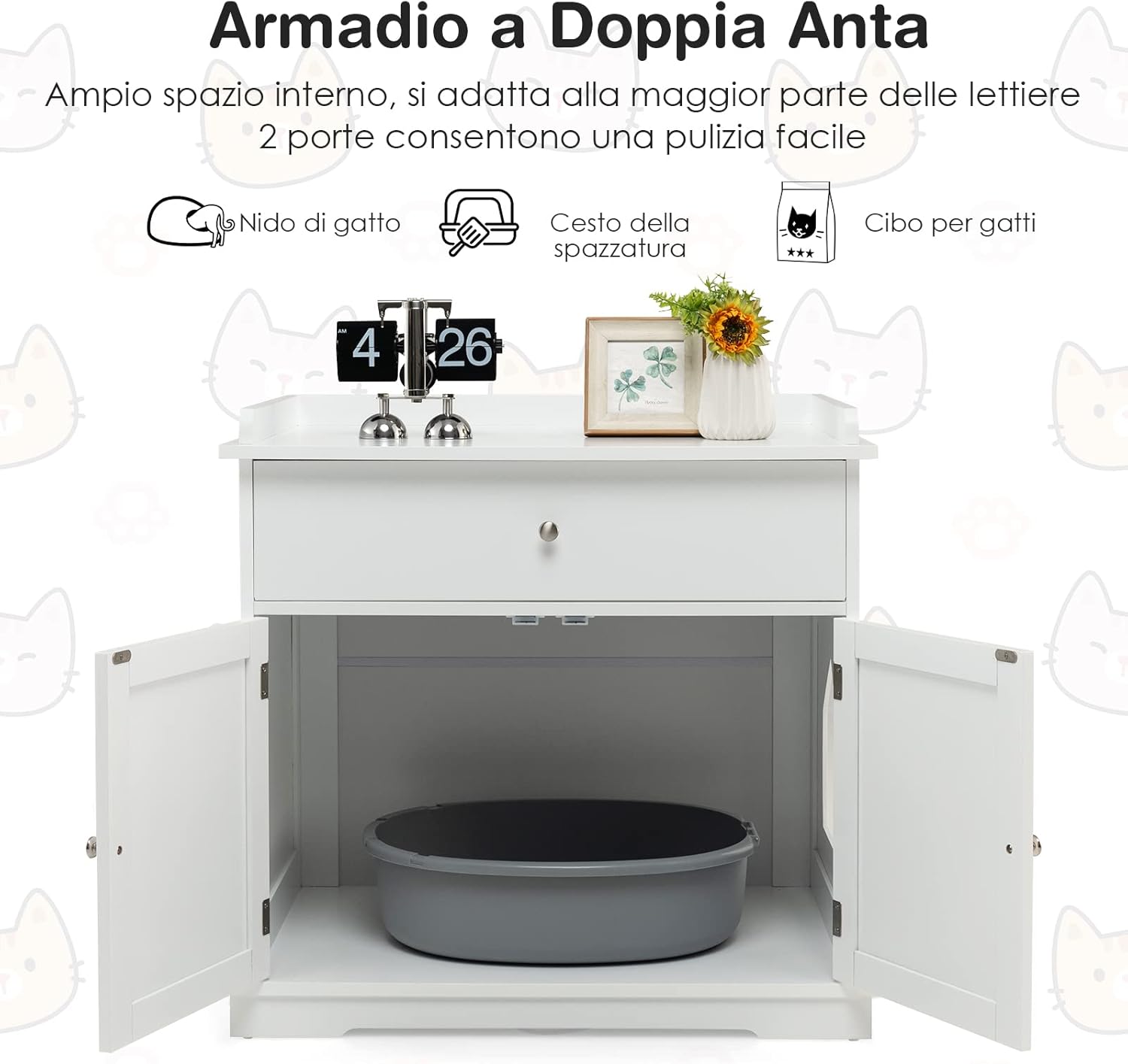 Mobile per Lettiera Gatti in Legno, con Portaoggetti, 2 Ante, Cassetto e Ingresso Laterale, Mobiletto Multiuso per Ingresso e Soggiorno, 76 x 53 x 74 cm, Carico Massimo 30 kg (nero)