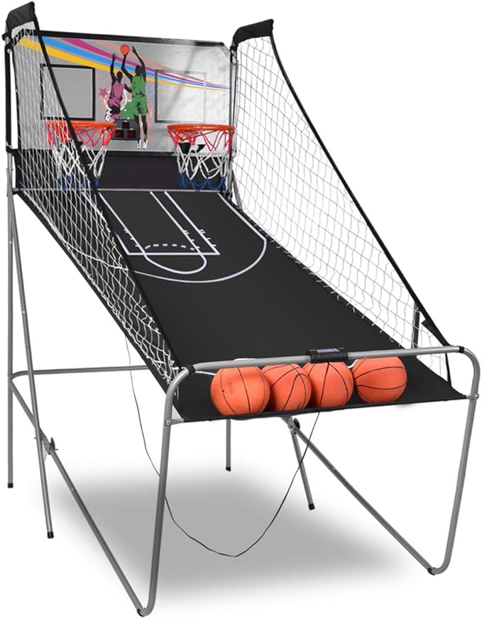 Macchina da Pallacanestro Elettronica, Canestro Basket da Camera a Doppio Tiro Pieghevole con Punteggio Elettronico, 4 Palle, 8 Modalità di Gioco e 2 Canestri (Grigio)