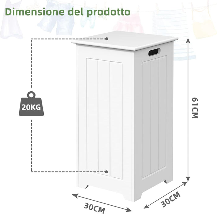Mobile Portabiancheria per Bagno, Cesto Organizzazione Lavanderia, in Legno, Bianco