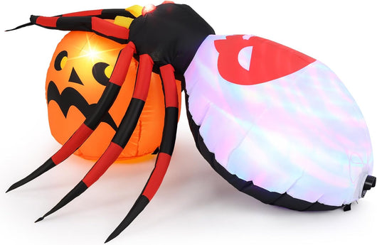 Ragno Gonfiabile con Zucca da 150 x 140 CM, Decorazione Gonfiabile di Halloween Illuminata con LED e Luce Rotante Colorata, Compressore Incorporato, per Giardino, Prato e Feste