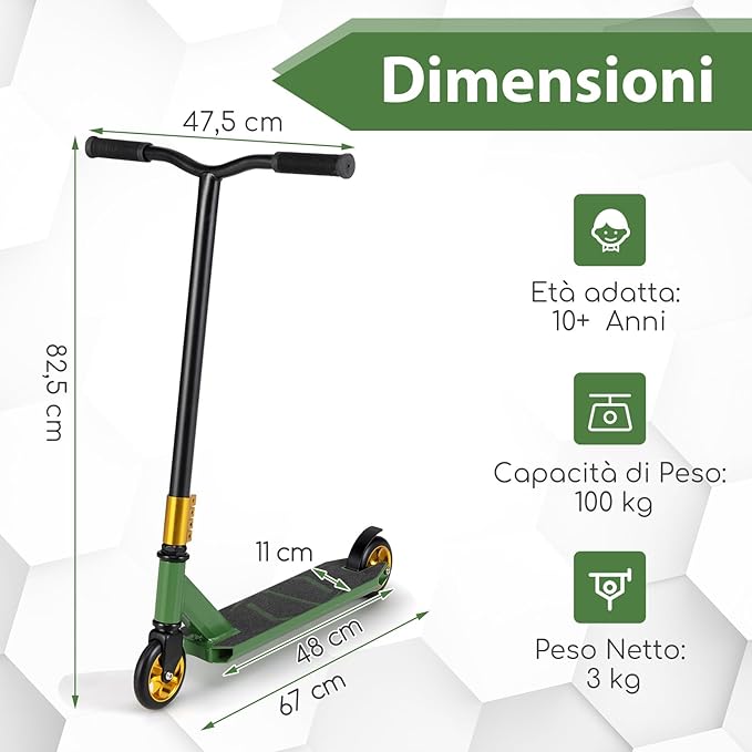 Scooter Acrobatico per Bambini, Monopattino Freestyle con 2 Ruote PU e Ampia Pedana in Alluminio, Scooter Pro per Trucchi Leggero da Strada per Bambini 10+ Anni, Carico 100 KG