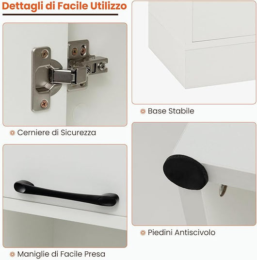 Credenza da Cucina Salvaspazio 56 x 30 x 190cm, Mobile Buffet Alto con 2 Armadi a Doppia Porta e 2 Mensole Aperte, Mobiletto Multiusuo per Soggiorno, Camera da letto e Bagno (Bianco)