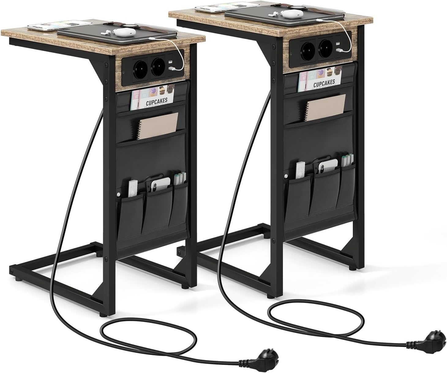 Set di 2 Tavolini a Forma di C, Tavolino da Divano e Letto in Metallo con 2 Prese Elettriche, 2 Porte USB e Tasca Laterale, Comodino per Piccoli Spazi, Salotto e Camera da Letto