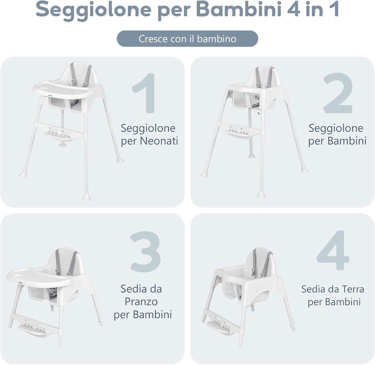 4 in 1 Seggiolone per Bambini, Seggiolone Papa con Vassoio Regolabile, Sedia da Terra per Bambini con Poggiapiedi, pert Bambini 6-36 Mesi (Bianco)