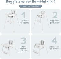 4 in 1 Seggiolone per Bambini, Seggiolone Papa con Vassoio Regolabile, Sedia da Terra per Bambini con Poggiapiedi, pert Bambini 6-36 Mesi (Bianco)