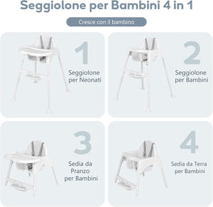 4 in 1 Seggiolone per Bambini, Seggiolone Papa con Vassoio Regolabile, Sedia da Terra per Bambini con Poggiapiedi, pert Bambini 6-36 Mesi (Bianco)