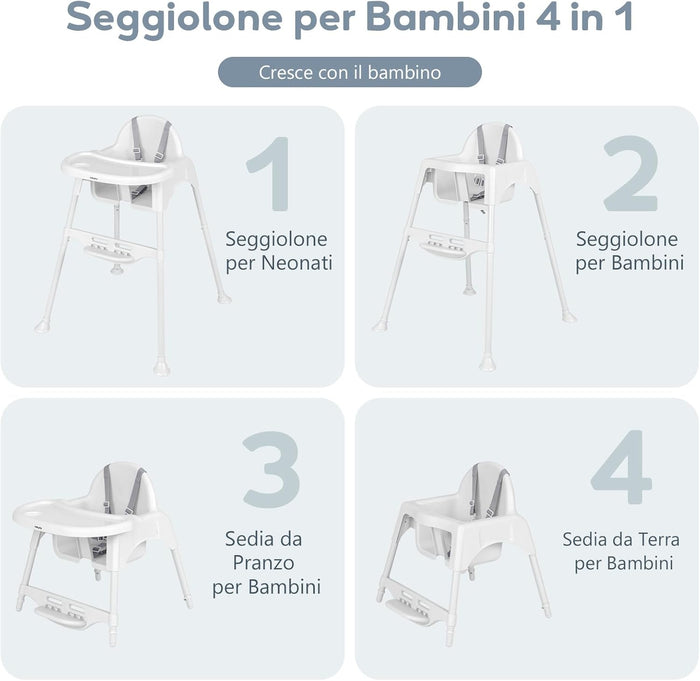 4 in 1 Seggiolone per Bambini, Seggiolone Papa con Vassoio Regolabile, Sedia da Terra per Bambini con Poggiapiedi, pert Bambini 6-36 Mesi (Bianco)