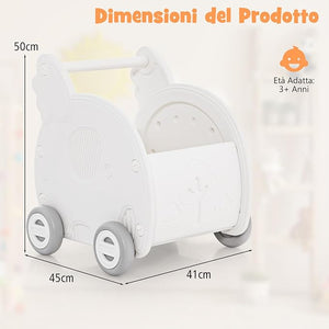 Girello per Bambini, Carrello a Spinta con Contenitore, Primi Passi con 4 Ruote, Maniglia e Spazio di Stoccaggio, per Bambini 3+Anni