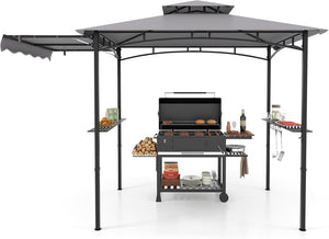 Gazebo per Barbecue, Pergola per BBQ con Tendalino Laterale, Tetto a 2 Livelli, 2 Ripiani Laterali, Ganci Appesi, Apribottiglie, per Giardino e Cortile, 318 x 153 x 250 cm (Grigio)