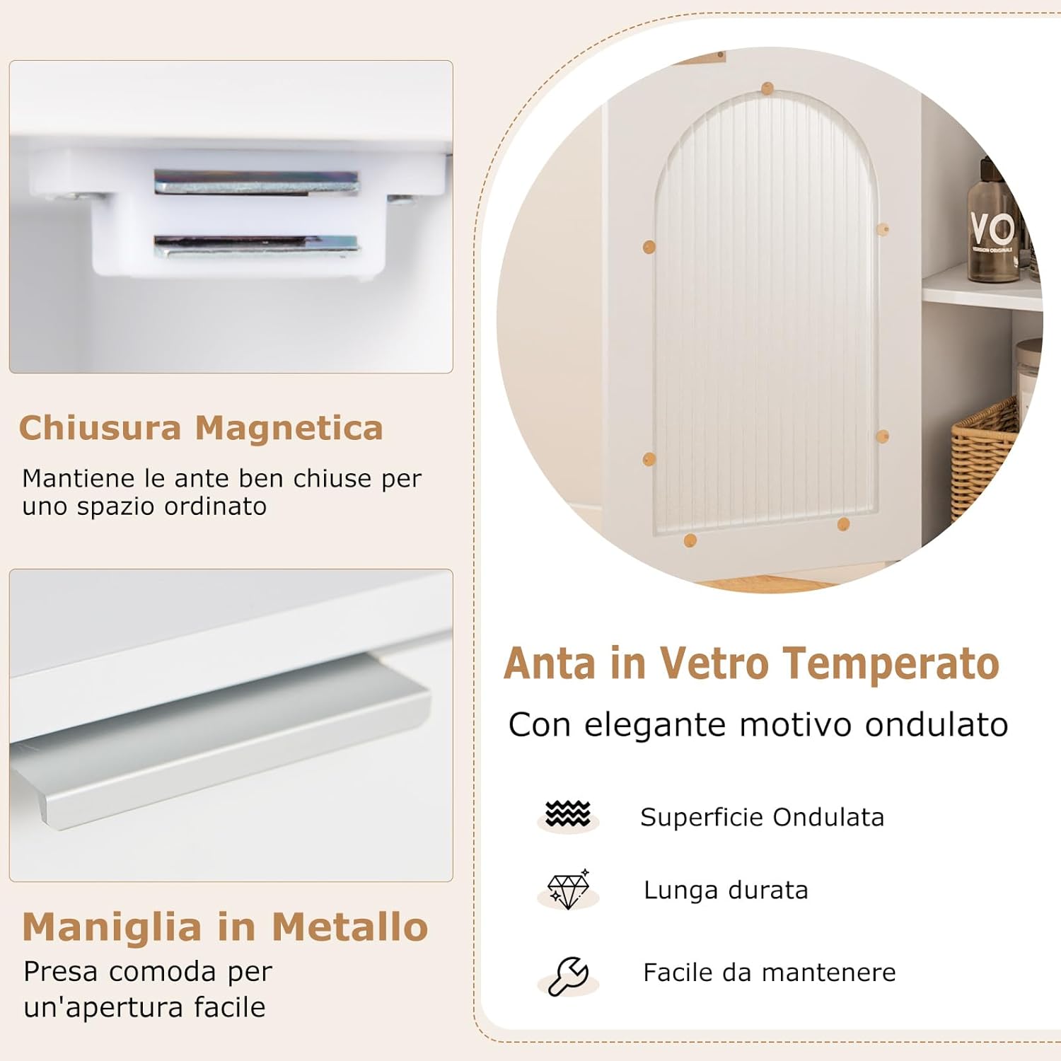 Armadietto da Bagno 35 x 30 x 90 cm, Mobiletto Bagno Salvaspazio in Legno con Anta in Vetro Temperato e Ripiano Regolabile, Colonna Salvaspazio per Corridoio, Soggiorno e Cuccina