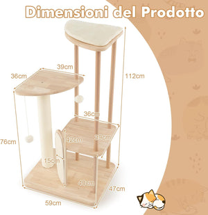 Tiragraffi per Gatti Piccola/Media, Albero per Gatti in Legno a Multilivello con Tavola e Palo Tiragraffi in Sisal, Posto Imbottito, Piattaforma e Palline