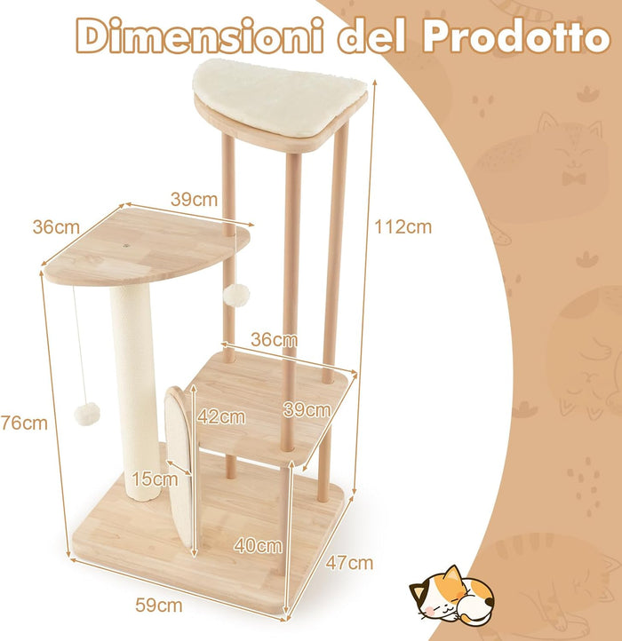 Tiragraffi per Gatti Piccola/Media, Albero per Gatti in Legno a Multilivello con Tavola e Palo Tiragraffi in Sisal, Posto Imbottito, Piattaforma e Palline