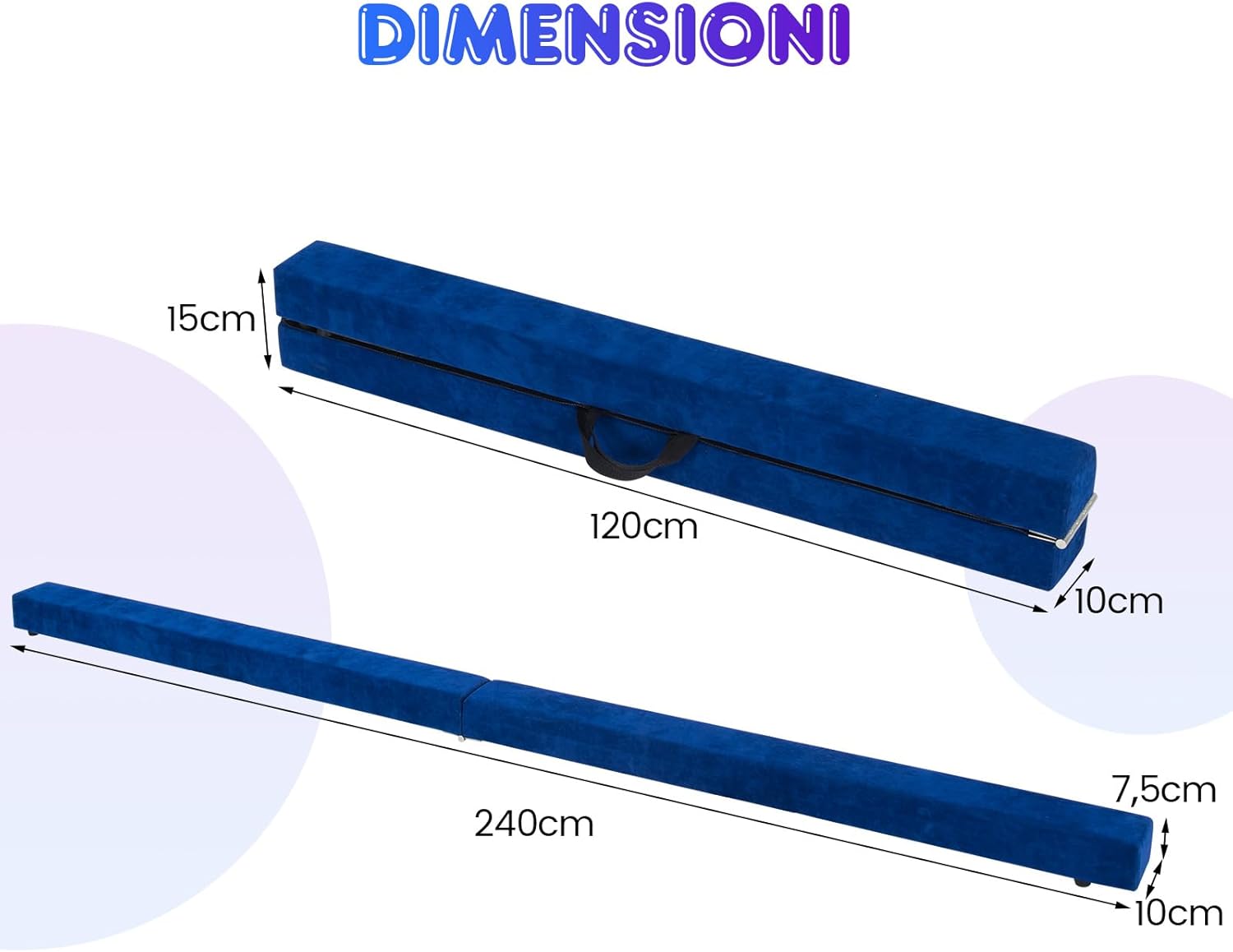 Trave Ginnastica Artistica per Casa 210/240 cm, Trave Pieghevole per Bambini con Maniglia, Base in Legno e Fondo Antiscivolo, Trave di Equilibrio da Pavimento