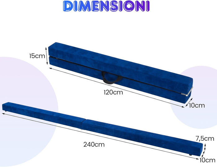 Trave Ginnastica Artistica per Casa 210/240 cm, Trave Pieghevole per Bambini con Maniglia, Base in Legno e Fondo Antiscivolo, Trave di Equilibrio da Pavimento