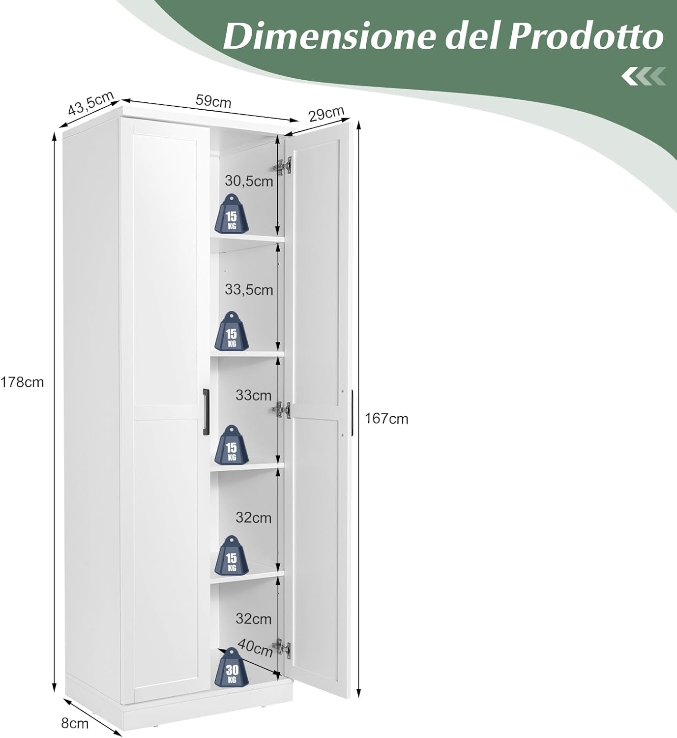 Armadio Alto di Stoccaggio a Pavimento con 2 Ante, Mobile Multiuso con Ripiani Regolabili, Armadietto di Stoccaggio in Legno Capacità di Carico di 90 kg, 59 x 43,5 x 178 cm (Bianco)