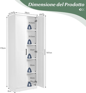 Armadio Alto di Stoccaggio a Pavimento con 2 Ante, Mobile Multiuso con Ripiani Regolabili, Armadietto di Stoccaggio in Legno Capacità di Carico di 90 kg, 59 x 43,5 x 178 cm (Bianco)