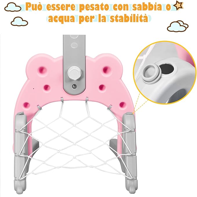 Canestro da Basket, Centro Attività 3 in 1 per Bambini, Canestro da Basket con Porta da Calcio e Gioco degli Anelli, Set Basket e Calcio a Forma di Orso, Ideale per Bambini (Rosa)