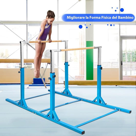 Parallele Doppie per Ginnastica, Sbarre Orizzontali Doppie con Larghezza Regolabile e 11 Altezze, capacità di Carico di 100 kg, Sbarre di Allenamento per Bambini 6-12 Anni