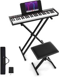 Tastiera Musicale 61 Tasti, Set Pianoforte Elettronico Portatile con Sgabello, Pianoforte Digitale Portatile con Supporto, Pedale Sustain, MIDI, USB e Funzione di APP Bluetooth