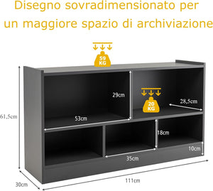 Libreria per Bambini e Organizer Giocattoli, Scaffale di Legno Con 5 Scompartimenti, Per Stanza dei Giochi Camera Dei Bambini Angolo di Lettura Classe Scuola Materna (Grigio)