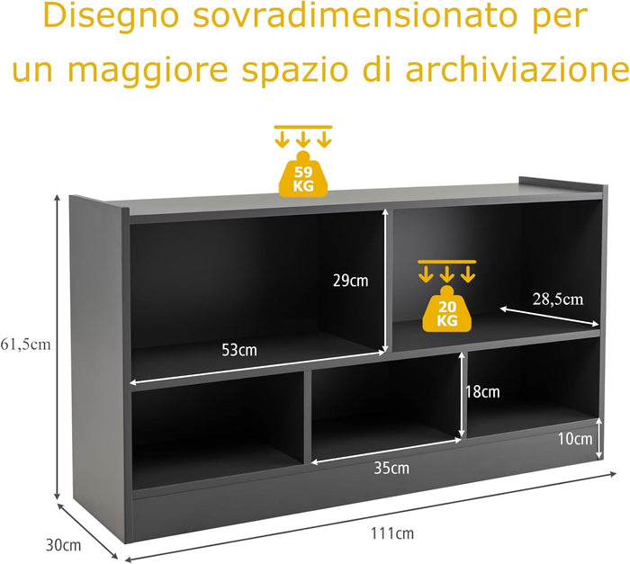 Libreria per Bambini e Organizer Giocattoli, Scaffale di Legno Con 5 Scompartimenti, Per Stanza dei Giochi Camera Dei Bambini Angolo di Lettura Classe Scuola Materna (Grigio)