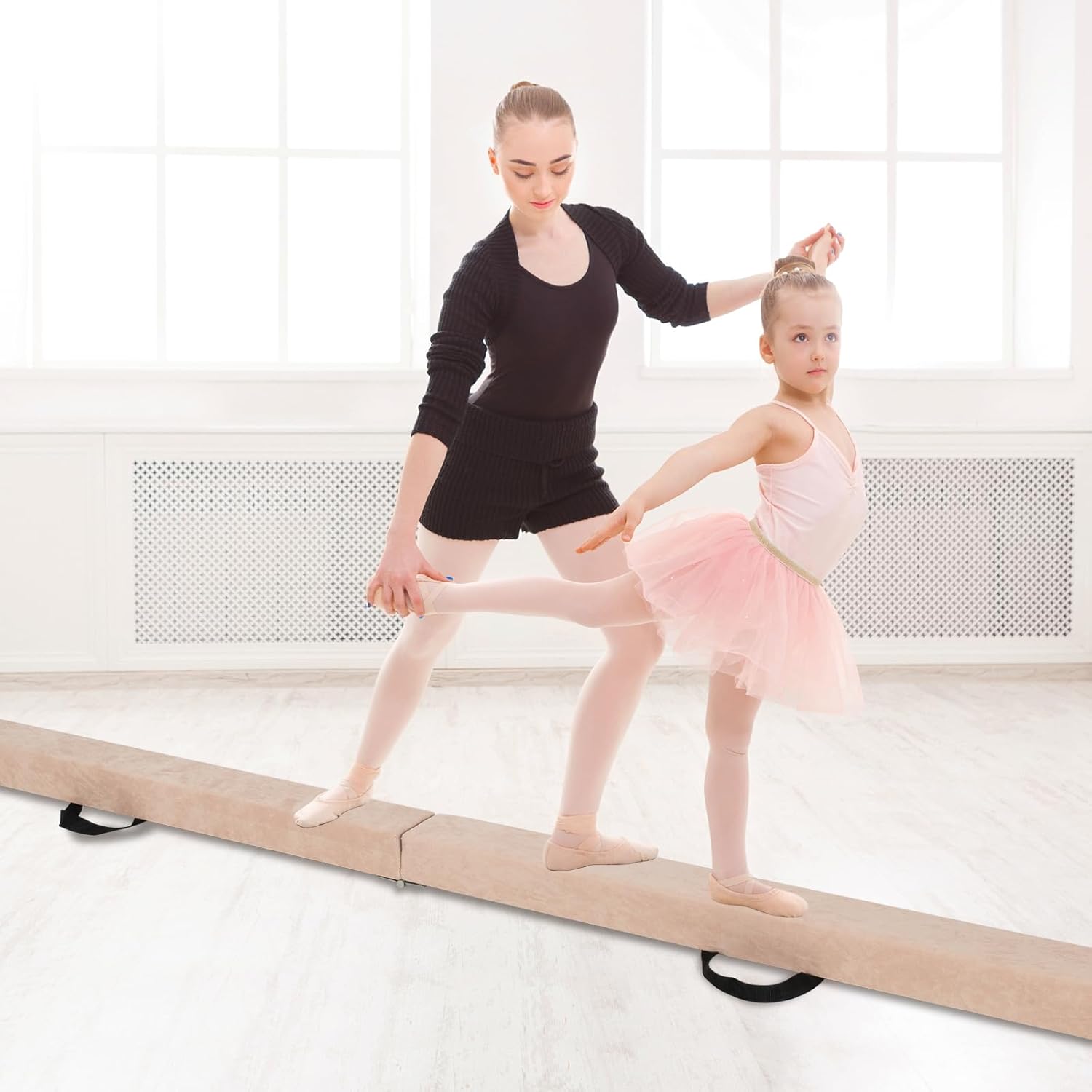 Trave Ginnastica Artistica per Casa 210/240 cm, Trave Pieghevole per Bambini con Maniglia, Base in Legno e Fondo Antiscivolo, Trave di Equilibrio da Pavimento