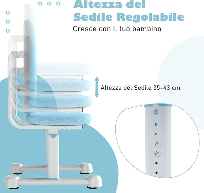 Sedia da Scrivania per Bambini 3+ Anni, Sedia Imbottita per Studiare con Doppio Supporto Lombare e Altezza Regolabile, Chair da Compiti per Casa e Scuola, Portata 100 kg (Blu)