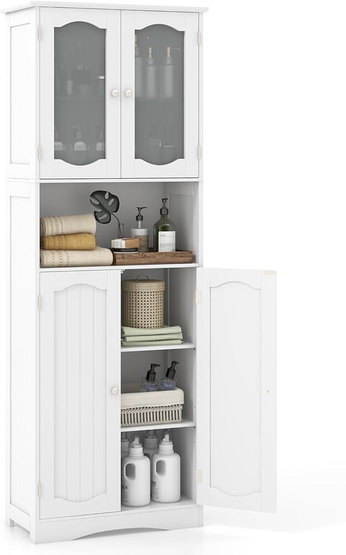 Armadietto Salvaspazio 60 x 30 x 164cm, Mobile Bagno con Scomparti Aperti, Ripiani Regolabili e 2 Porte in Vetro Temprato, Armadio da Bagno per Ufficio, Soggiorno e Camera da Letto (Bianco)
