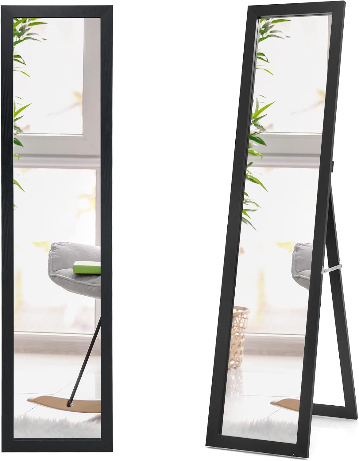 Specchiera da Terra Autoportante a Figura Intera, Specchio Rettangolare, in Legno (Nero)