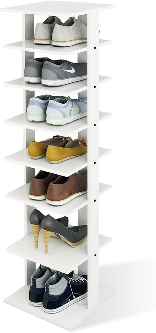 Scarpiera a 7 Ripiani, Scaffale Portascarpe in Legno con 2 Ripiani di Diverse Altezze, Scaffale Portaoggetti Multifunzione per Ingresso Soggiorno Camera da Letto, 28,5x25,5x110 cm (Bianco)