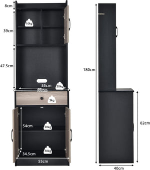 Mobile Cucina con 3 Ante e Credenza, Dispensa Cucina con Cassetto, con Foro per Cavi e Ripiani Regolabili, Ampio Spazio Aperto per Microonde, 60 x 40 x 180 cm (Nero)