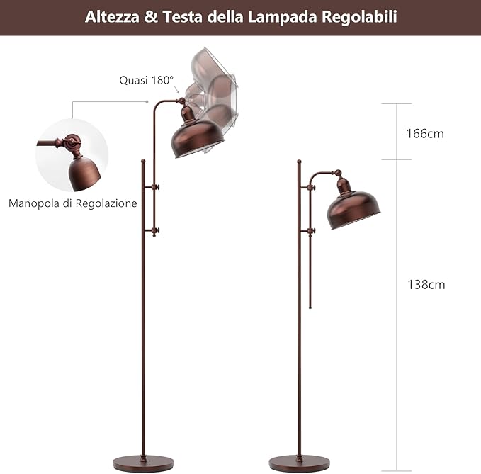 Lampada da Terra, Lampada a Stelo con Altezza e Paralume Regolabili, Finitura in Bronzo e Struttura in Metallo, Ideale per Soggiorno, Camera da Letto e Ufficio